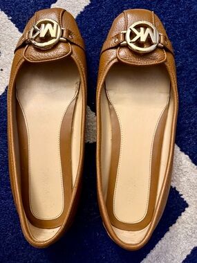 Michael Kors Tan/Brown Leather Moccasin Flats with Gold MK Emblem